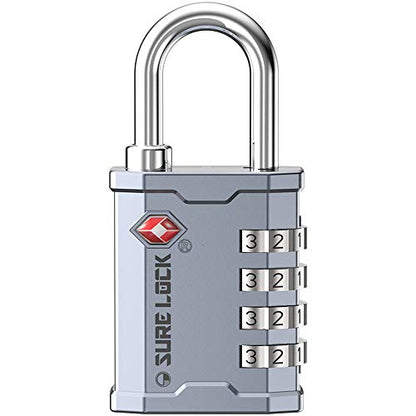 SURE LOCK TSA Accepted 4 Dig Heavy Duty Big Combination Luggage Padlock All Metal Travel Lock for Equipment Hard Case Luggage Gun Case Gym Locker Pelican Vault Lock (1, Silver) - color: Silver 1