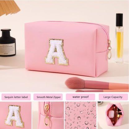 Initial Makeup Bag for Women Gifts, PU Leather Cosmetic Pouch, Pink Style E - color: Pink, style: E