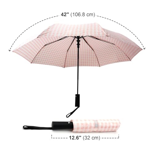 Nollia Compact Travel Umbrella with Auto Open – Windproof Folding Umbrella, Lightweight & Portable for Rain - color: E. Pink Gingham