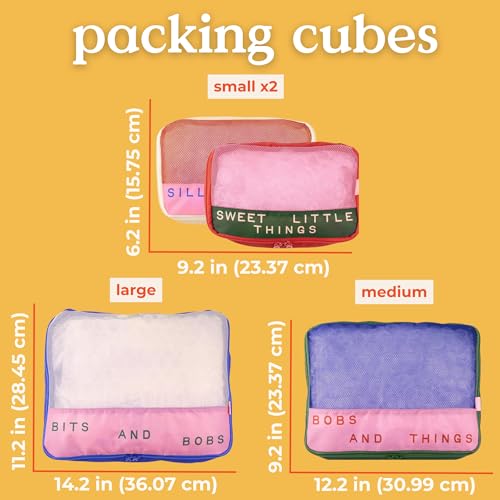 ban.do Packing Cube Set of 4, Bits and Bobs | Polyester and Mesh Packing Organizers, Includes 4 Foldable Luggage Packer Bags in Various Sizes with Quote Designs - color: Bits and Bobs