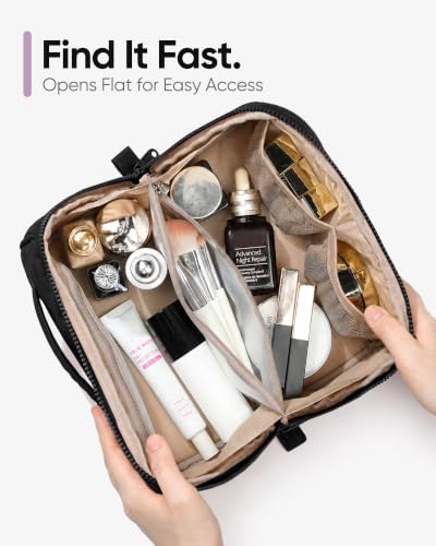 NISHEL Travel Makeup Bag Organizer Pouch Open Flat Cosmetic Case Brush Slot - color: Black, size: Medium