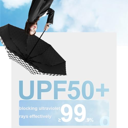 Checkered Automatic Compact Umbrella Windproof Waterproof Umbrellas for Rain and Sun, UV Protection Folding Travel Umbrella - color: black