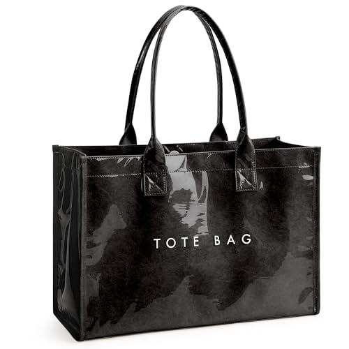 KALIDI PVC Tote Bag Women’s Kraft Paper Work Handbags Purses with Top Handle - color: Black