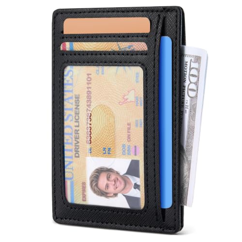 Genuine Leather Mens Wallet Slim RFID Blocking Credit Card Holder - color: Saffiano Black