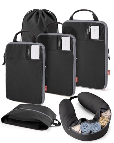 BAGSMART Compression Packing Cubes with Fillable Neck Pillow for Clothes - color: Dark Black