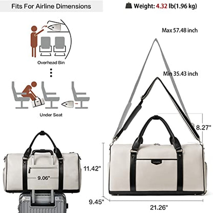 BOSTANTEN Weekender Bags for Women Leather Duffle Large Travel Bag Carry On Duffel with Shoe Compartment - color: White & Black