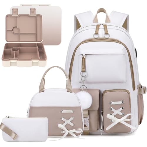 ACESAK 4PCS Teen Girls Backpack with 43OZ Bento Lunch Box Set,Khaki - color: Off-white-to-khaki Gradient