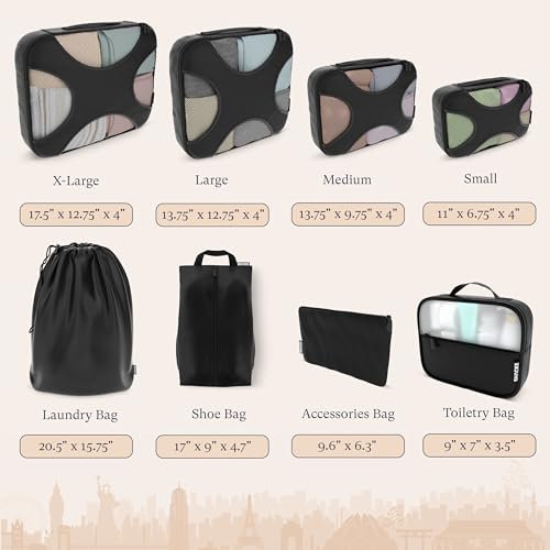 Shacke 8 Set Packing Cubes for Travel, Shoe & Toiletry Bags (Black) - color: 8 Set - Black, size: Set of 8