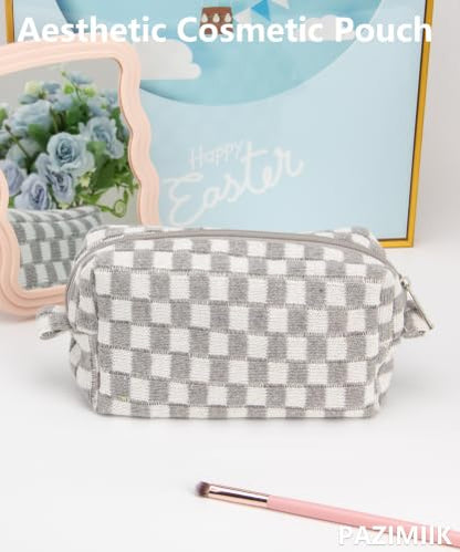 PAZIMIIK Checkered Makeup Bag for Purse, Small Travel Cosmetic Pouch,Grey - color: Grey
