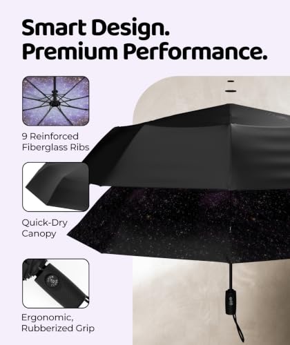 Windproof Travel Umbrella - Compact & Withstands Winds up to 100MPH, Strongest Premium Auto Folding Umbrella for Rain and Sun - Durable, Light & Portable for Women & Men, Fits Backpack & Cars - color: Starry Night