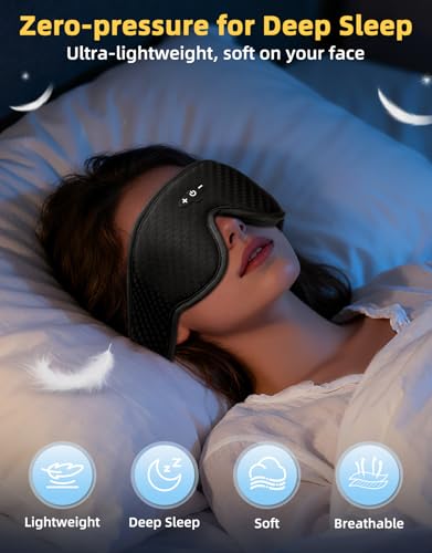 3D Contoured Adjustable Sleep Mask with Bluetooth Headphones, Blackout Sleeping Mask with 1-Hour Timer Sleeping Headphones with Thin Stereo Speakers for Men, Women