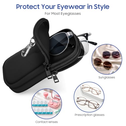 FINTIE Double Sunglasses Case, Soft Neoprene Eyeglasses Pouch with Clip - color: Black