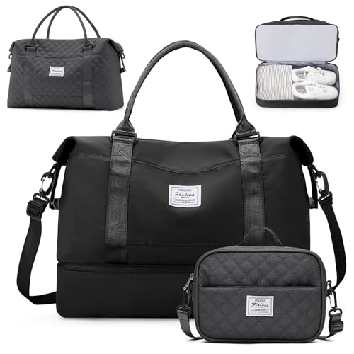 Weekender Bags for Women,Personal Item Travel Bag with Shoes Compartment - color: B-Blackn-3PCS-4051, size: Large