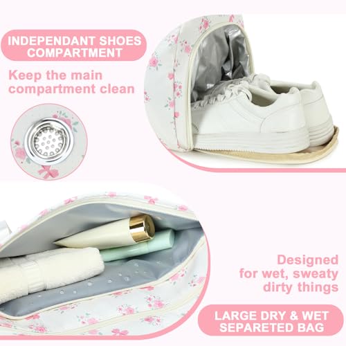 Dance Bag, Gym Bag for Girls, Kids Duffle Bag with Shoe & Wet Compartments - color: Beige flower