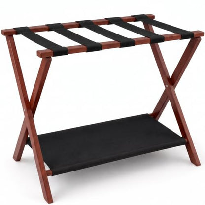 Luggage Rack, Fully Assembled Bamboo Foldable Suitcase Stand for Guest Room, 26.7-Inch Luggage Holder with Storage Shelf & 5 Nylon Straps, for Bedroom and Hote (1 Pack - Brown) - color: 1 Pack - Brown