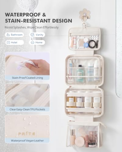 Prite Hanging Toiletry Bag for Women Waterproof Travel Makeup Bag - color: Beige, size: Medium