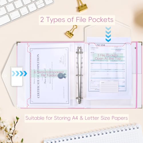 XKDOUS Important Document Organizer 3 Ring Binder Folio Folders for Papers - color: Pink
