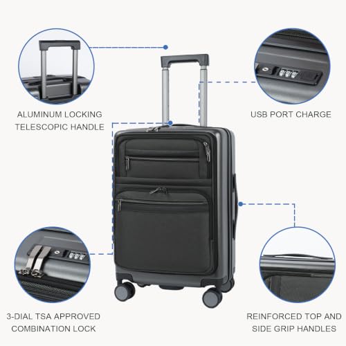 VANKEAN 20 Inch Expandable Hardshell Spinner TSA USB Port Carry-On Approved - color: STEEL GREY