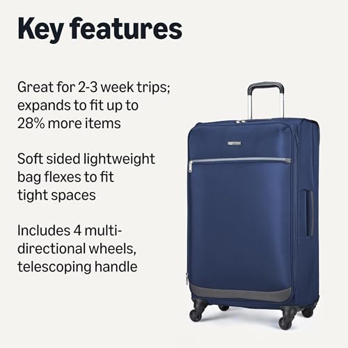 Amazon Basics 28" Large Checked Softside Expandable Suitcase with 360-Degree Multi-directional Spinner Wheels, Zippered Pockets, Telescoping Handle, Spacious, Navy Blue - color: Navy Blue, size: 28″, style: Large Checked