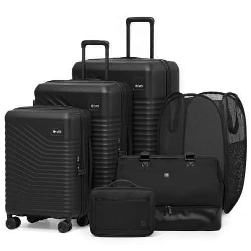 Coolife Luggage Set: 3 Suitcases, Duffel Bag, Toiletry Bag, Pop-Up Hamper - color: Black, size: 6-Piece Set