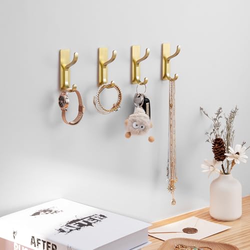 Adhesive Wall Hooks for Towel/Coat,13Lb Strong Stick-On Hooks, Gold 10 Pack - color: Gold, size: 10 Pack