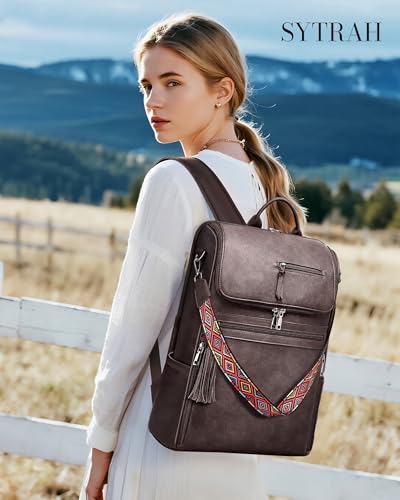 SYTRAH Leather Laptop Backpack for Women 16.5 inch Computer Packs Coffee - color: Dark Coffee