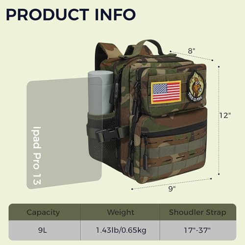 9L Mini Tactical Backpack for Men and Women, Gym Hiking Travel Daypack - color: Jungle Camo