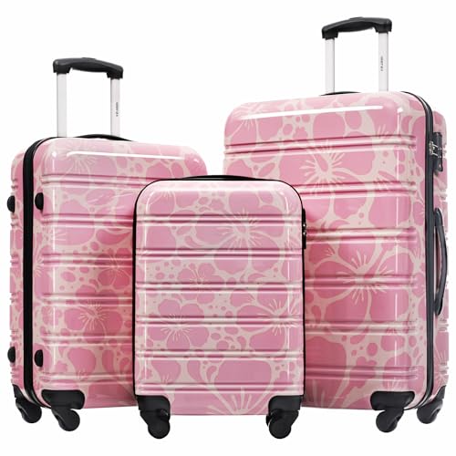 Merax Hardshell Luggage Set,3-Piece Printed Travel Suitcases,Pink - color: Pink, size: 3 Piece(20/24/28)
