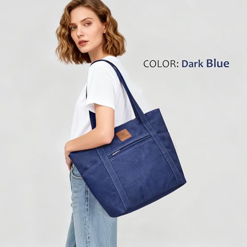 Light Canvas Shoulder Bag for Women Retro Bucket Tote - color: Dark Blue