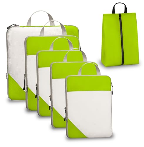Compression Travel Packing Cubes with White Mesh, Green, 6Pcs - color: Green, size: Set of 6
