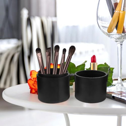 Ipetboom Portable Makeup Brush Holder with Lid: 20.1X13.2X13.2cm/7.9X5.2X5.2in PU Leather Case Cosmetic Storage Bucket for Women Black