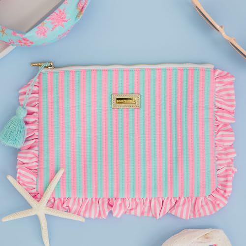 Lilly Pulitzer Quilted Ruffle Zipper Pouch, Pink & Blue Stripe - color: Stripe