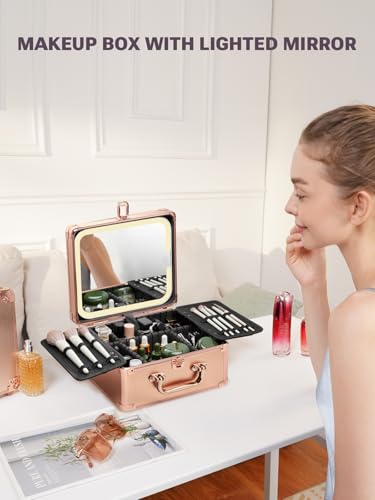 Qislee Makeup Box with Detachable Magnetic LED Mirror, Travel Train Case - color: Rose Gold, size: Small