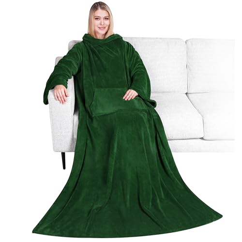 PAVILIA Blanket with Sleeves for Adult Women Men, Soft Warm Wearable Blanket Fleece Wrap Throw, Robe Blanket Gift - color: Emerald Green