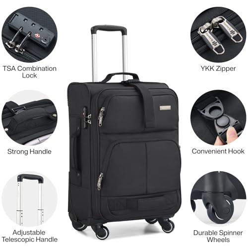 Hanke 24 Inch Softside Expandable Checked Luggage with 4 Spinner Wheels - color: Black, size: 24 Inch