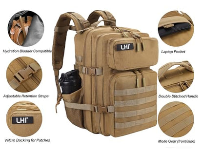 LHI Military Tactical Backpack for Men and Women 45L Army 3 Days Assault Pack Bag Large Rucksack with Molle System Tan - color: Tan