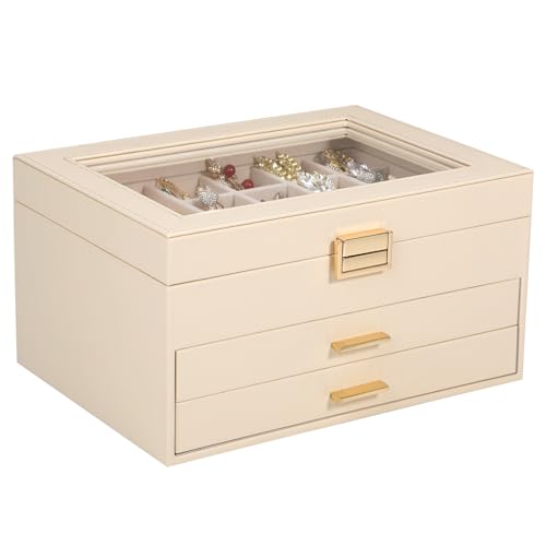 Voova 3-Layer PU Leather Jewelry Box with Glass Lid, Apricot - color: Apricot three-layer, size: 3 Layer