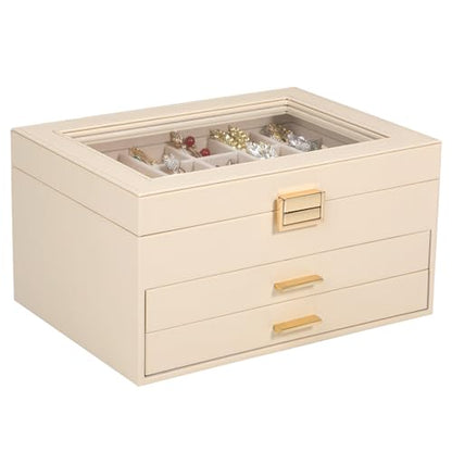 Voova 3-Layer PU Leather Jewelry Box with Glass Lid, Apricot - color: Apricot three-layer, size: 3 Layer