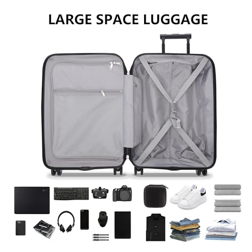 20 Inch Softside Suitcase with Spinner wheels, Carry on Luggage with & USB Port,Hybrid Soft Front & Hard Shell Large Checked Luggage with TSA Lock, Black - color: Black, size: 20 Inch