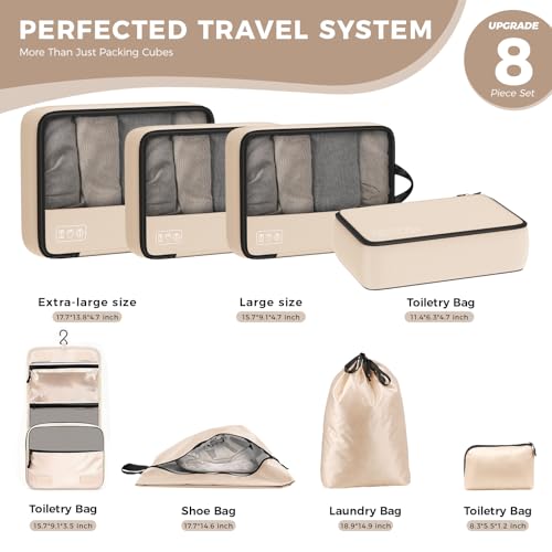 8-Piece Compression Packing Cubes for Travel, Luggage Organizer Sets - color: Beige-8 Set