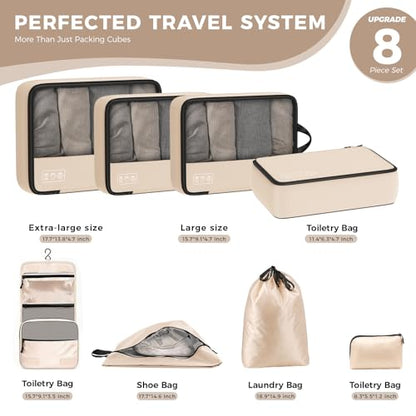 8-Piece Compression Packing Cubes for Travel, Luggage Organizer Sets - color: Beige-8 Set