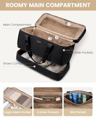 LOVEVOOK Travel Duffle Bag, Carry On Weekender Overnight Bag Hospital Bag with Toiletry & Wet Pocket, 3pc Set - color: Classic Black, size: Large With Shoe Compartment-50L