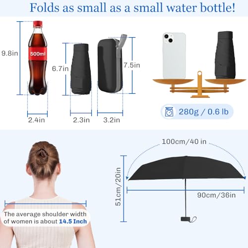 TOPSAIL Mini Umbrella for Travel, UPF 50+ UV Sun & Rain Protection, Compact 6k Folding Pocket Umbrella with Case for Purse, Backpack - color: Black