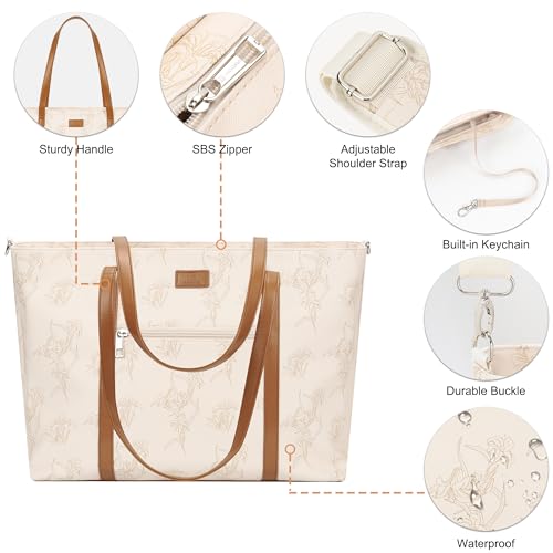 Laptop Tote Bag for Women 17 Inch, Waterproof Computer Bag for College - color: A3-beige/Brown Flower