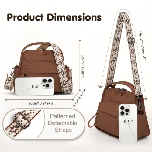 Nylon Top Handle Crossbody Bags for Women with 2 Adjustable Straps - color: Coffee
