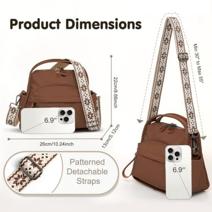 Nylon Top Handle Crossbody Bags for Women with 2 Adjustable Straps - color: Coffee
