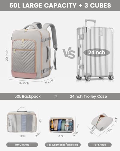 LOVEVOOK Travel Backpack For Women,40L Carry On TSA Personal Item Bag - color: Gray With Pink, size: 17.3 Inch-40L-4Pcs