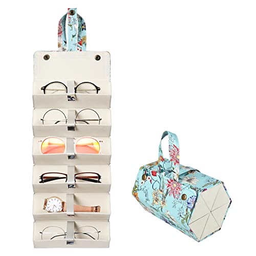 MEGREZ 6 Slots Sunglasses Organizer Box, PU Leather Foldable Eyeglasses Case, Portable Sunglasses Case, Sunglasses Holder - color: Blue-flowers