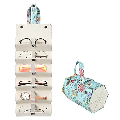 MEGREZ 6 Slots Sunglasses Organizer Box, PU Leather Foldable Eyeglasses Case, Portable Sunglasses Case, Sunglasses Holder - color: Blue-flowers