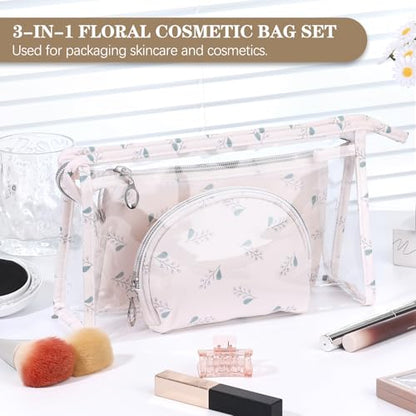 Richeart Makeup Bag, Clear Bag with Zipper, 3PC Floral Flowers Makeup Pouch, Waterproof Small Pouch, Portable Travel Toiletry Bag, E - style: E